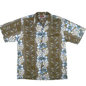 Malibu Dreams Mens Hawaiian Shirt‎ L Cotton Floral Olive/Blue Short Sleeve